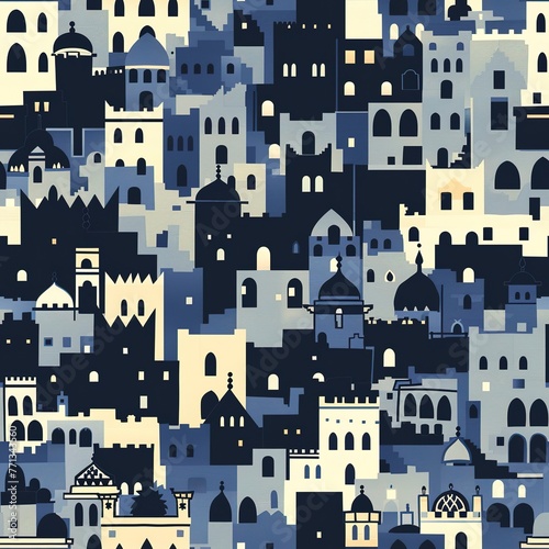 Moroccan cityscape seamless pattern, stylized silhouettes of cities like Fez and Casablanca. Seamless Pattern, Fabric Pattern, Tumbler wrap, Mug Wrap.
