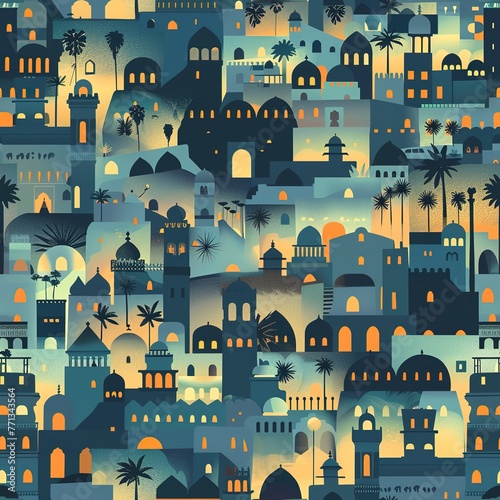 Moroccan cityscape seamless pattern, stylized silhouettes of cities like Fez and Casablanca. Seamless Pattern, Fabric Pattern, Tumbler wrap, Mug Wrap.