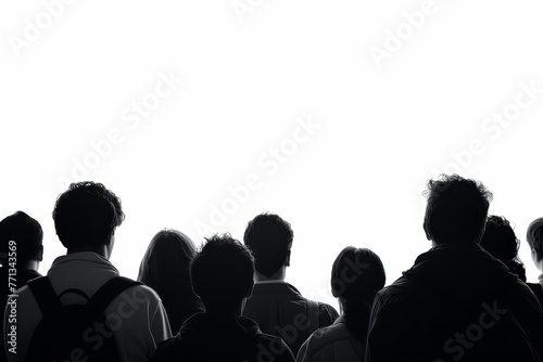 Silhouette of several people seen from behind with white background, Generative AI