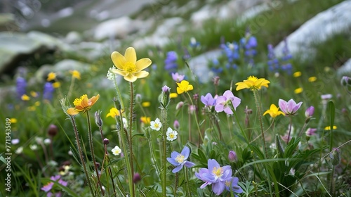 Alpine flowers bloom in summer ,Generative ai, 