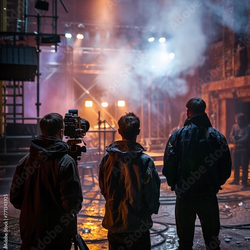 Actors rehearsing on stage, soft focus, behind the scenes for an industry wallpaper , cinematic photo