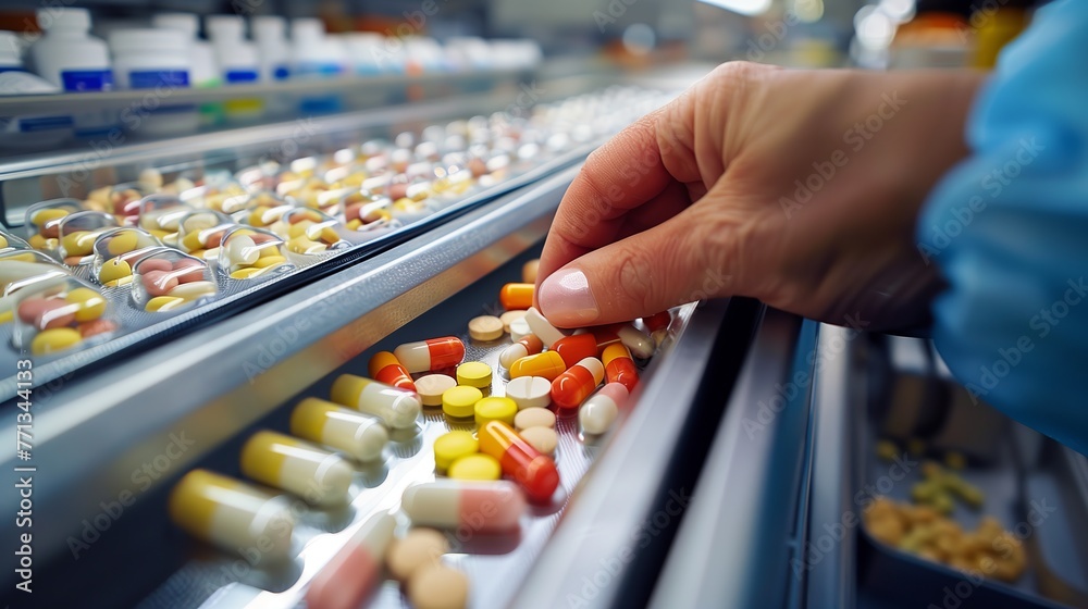 Pharmacist Organizing Medication on Pharmacy Shelves. Closeup of a
