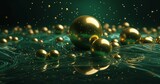 Golden spheres on green liquid background