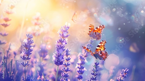 Amazing beautiful colorful natural scenery. Lavender flower and two butterflies in summer sunlight in spring outdoors on macro nature, soft focus ,Generative ai, 
