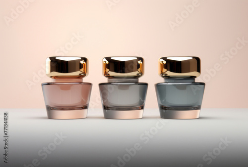 jars of makeup with gold caps inside present subtle color gradations, streamlined design, muted tonality