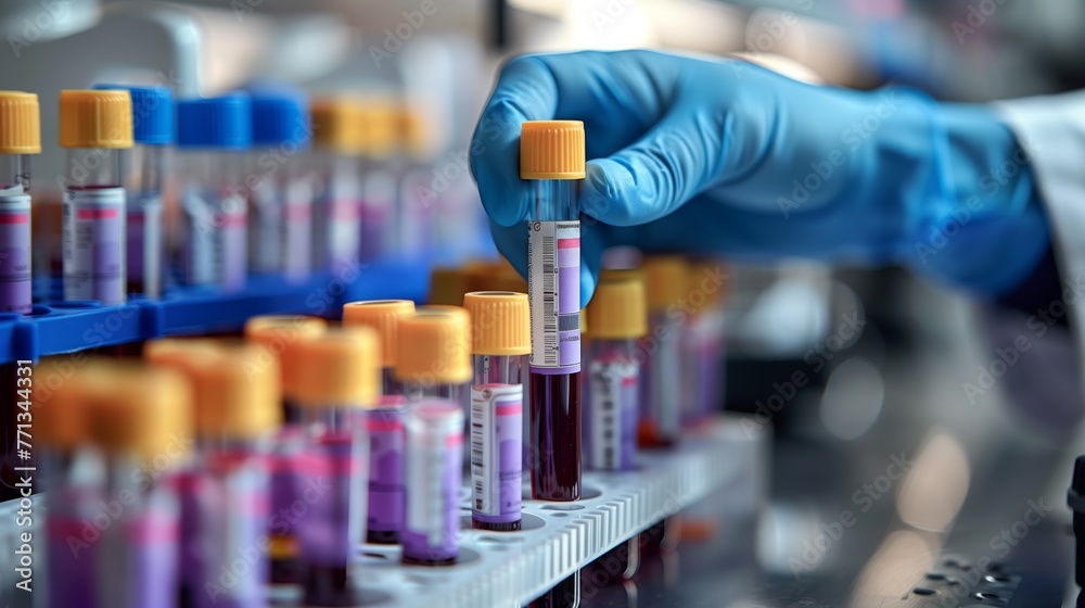 Lab Technician Organizing Blood Samples for Testing. Lab technician's gloved hand is carefully selecting blood sample tubes from a tray, preparing for laboratory tests. Lab Technician Organizing Blood Samples for Testing. Lab technician's gloved hand is carefully selecting blood sample tubes from a tray, preparing for laboratory tests.