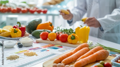 Nutritionist Evaluating Healthy Food Options. Nutritionist analyzes a variety of healthy foods laid out on a table with a dietary chart, focusing on nutritional planning. photo