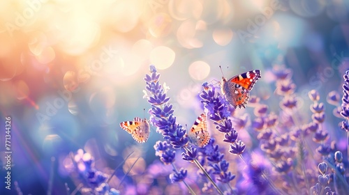 Amazing beautiful colorful natural scenery. Lavender flower and two butterflies in summer sunlight in spring outdoors on macro nature, soft focus ,Generative ai,  © curek