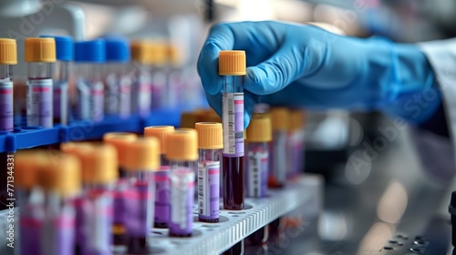 Lab Technician Organizing Blood Samples for Testing. Lab technician's gloved hand is carefully selecting blood sample tubes from a tray, preparing for laboratory tests. photo