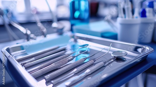 Dentist's Tools Arranged on Sterilized Tray. Dental instruments, including mirrors and probes, are meticulously arranged on a sterile tray in a modern dentist's office.