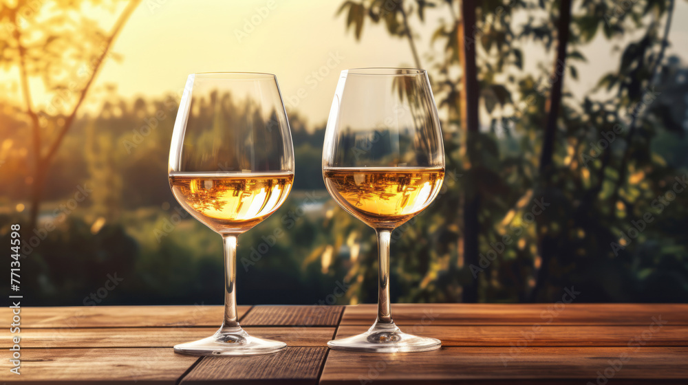 Two wine glasses sit on a table in nature, their photo-realistic landscapes reflecting the southern countryside.