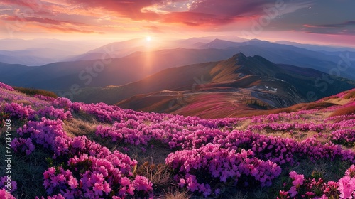 Attractive summer sunset with pink rhododendron flowers. Location place Carpathian mountains, Ukraine, Europe. Vibrant photo wallpaper. Image of exotic landscape. Discover the beauty of earth. photo