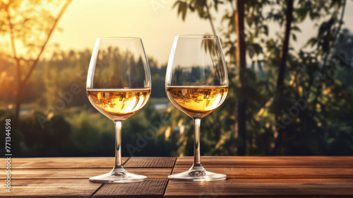 Two wine glasses sit on a table in nature, their photo-realistic landscapes reflecting the southern countryside.