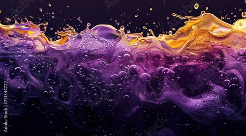Colorful paint swirls and droplets on surface. This image captures a vibrant mix of colorful paint swirling together, creating a dynamic and fluid abstract pattern with droplets scattered throughout 