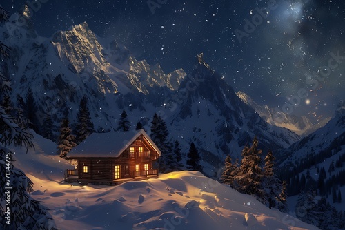 : Cozy cabin on snowy peak, starry night.