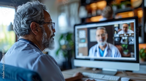 Senior doctor engaging in a telemedicine session with professional colleagues on a computer discussing patient care strategies. photo