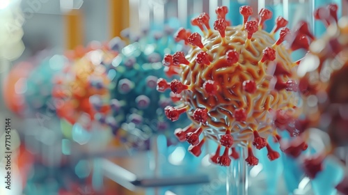 Viral Molecular Structure Model in Scientific Research Lab. Detailed molecular model representing a virus in a scientific research lab, symbolizing advanced study in virology.