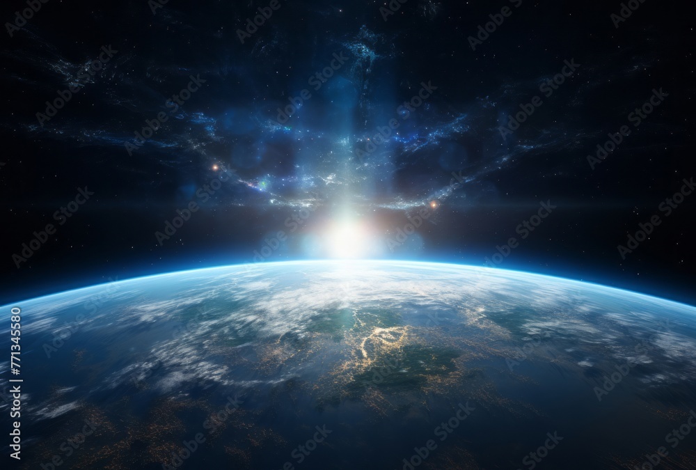 The shining sun over the earth presents a futuristic sci-fi aesthetic.