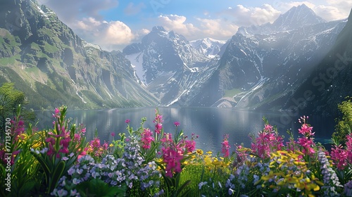 Beautiful flowers with majestic mountains in the background ,Generative ai, 