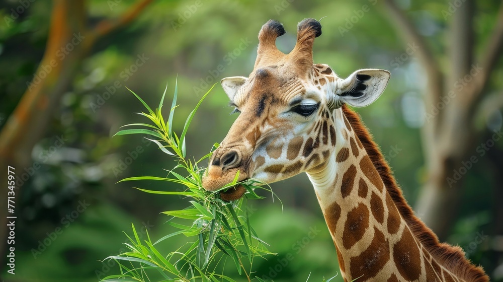 Obraz premium A giraffe stretching its long neck to eat acacia leaves cute