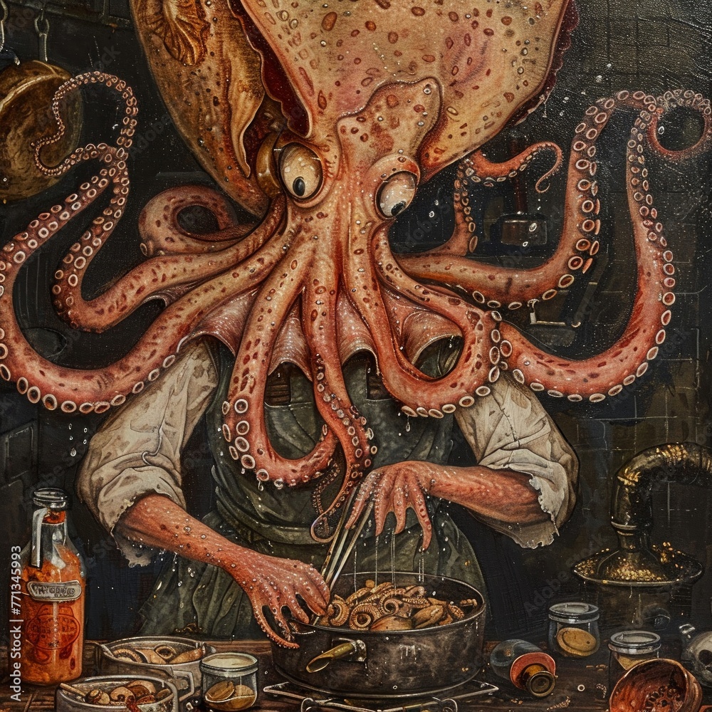 Fototapeta premium A giant squid cooking a meal vibrant colo