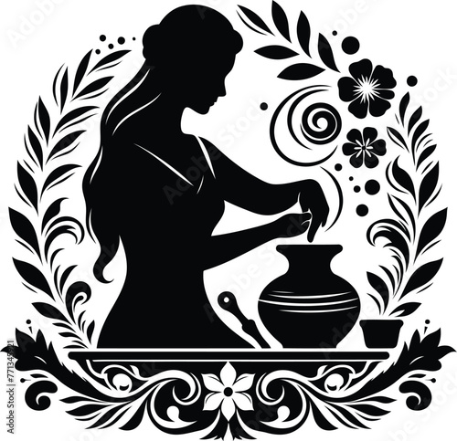 women silhouette, making pottery, flowers ornament decoration, floral vector design. 