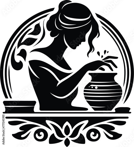 women silhouette, making pottery, flowers ornament decoration, floral vector design. 