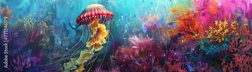 A jellyfish with a vibrant rainbow colored body floating through a coral reef water color