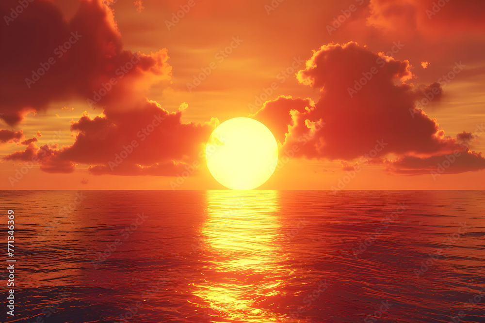 Red sunset over the sea. Large and round sun shining brightly against an orange sky with dark clouds. In front of it lies calm water reflecting its light.  