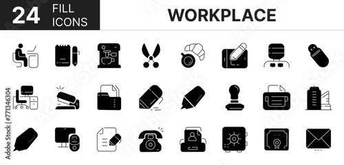 Collection of 24 workplace fill icons featuring editable strokes. These outline icons depict various modes of workplace, business, management.