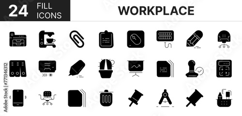 Collection of 24 workplace fill icons featuring editable strokes. These outline icons depict various modes of workplace, business, management.