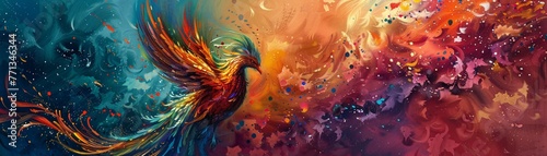 A majestic phoenix rises from the ashes, its feathers glowing with vibrant colors vibrant colo