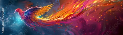 A majestic phoenix rises from the ashes, its feathers glowing with vibrant colors vibrant colo photo