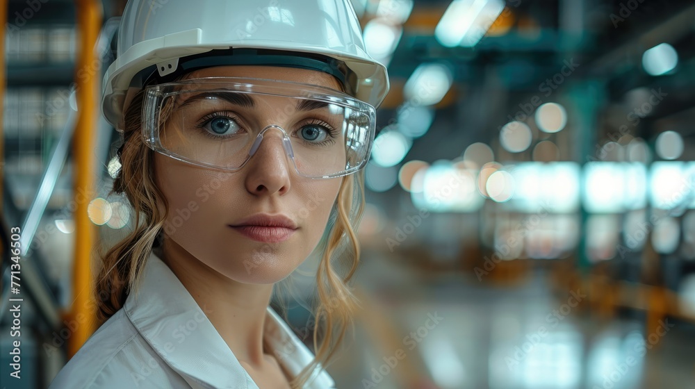 Female with white hard hat and safety glasses at industry factory. Generative AI. Female with white hard hat and safety glasses at industry factory. Generative AI.