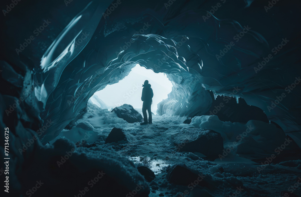 far from shot, ultra wide angle shot, the silhouette of a guy in an ice cave, dark tones color palette