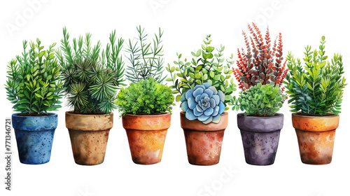 Collage of tiny succulent plants in pots over white transparent background