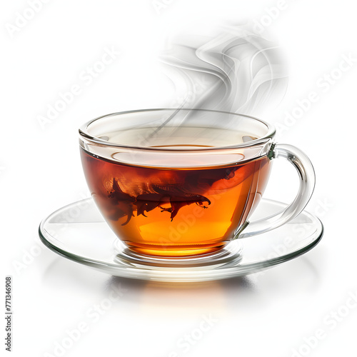 Steam rising from a cup of tea isolated on white background, professional photography, png 