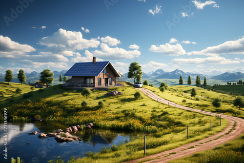 Countryside landscape with a house with roof solar panels.