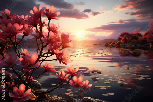 Springtime sunrise: Sunrise over spring landscape. Flowering tree branch on foreground. photo