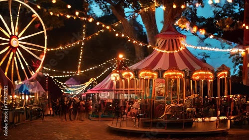 At a nighttime carnival, a carousel illuminated by colorful lights. Bulbs hung from a red and white striped canopy cast a whimsical glow. 