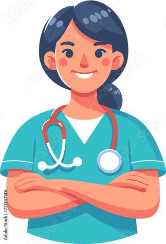 A cheerful nurse with crossed arms wearing scrubs and a stethoscope around the neck, depicted in a flat design style against a white background.