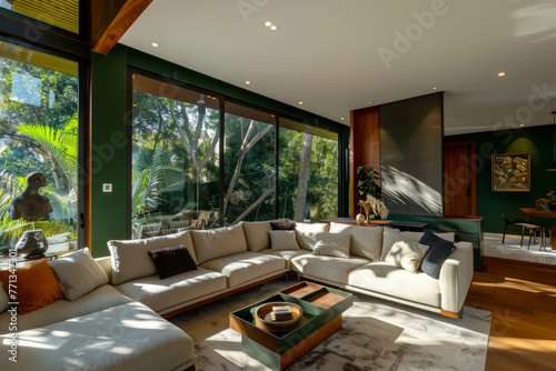 Modern Minimalist Forest Green Modern style house interior and living room Sustainable Design.