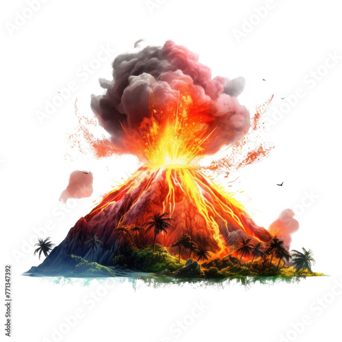 Erupting volcano isolated on white background