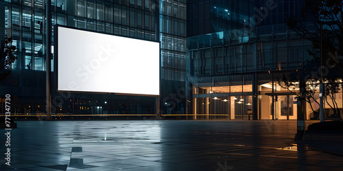 A large blank billboard in the center of an empty city square at night, illuminated by soft white light. Minimalist and modern atmosphere blank white advertising billboard mockup. 