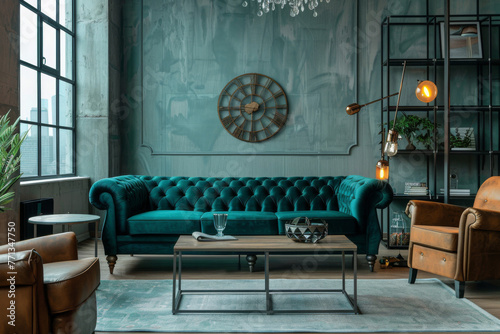 Modern Minimalist Teal Industrial style apartment interior and living room Maximalist Design.