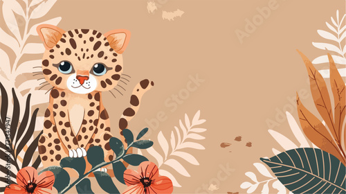 Cute spotted leopard kitten with abstract tropical fl