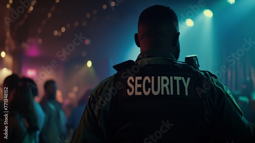 Back view of a security guard at a bustling nightlife venue with blue and orange ambient lighting, suggesting an event like a concert or party.