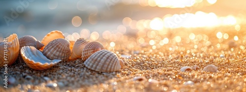 Seashells on sandy beach with sunset backdrop, emits serenity, perfect for summer travel or relaxation themes.