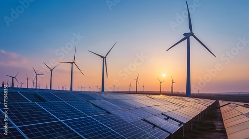 A serene image of wind turbines and solar panels at sunset, symbolizing sustainable energy, ideal for Earth Day and environmental themes.