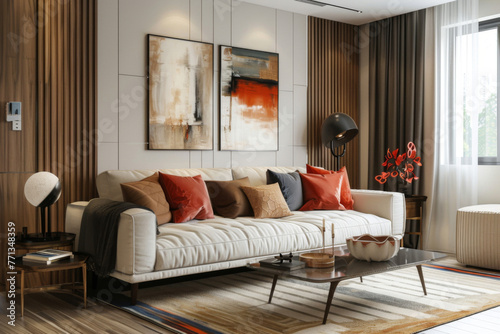 Modern Minimalist White Retro style apartment interior and living room Flexible Furniture.